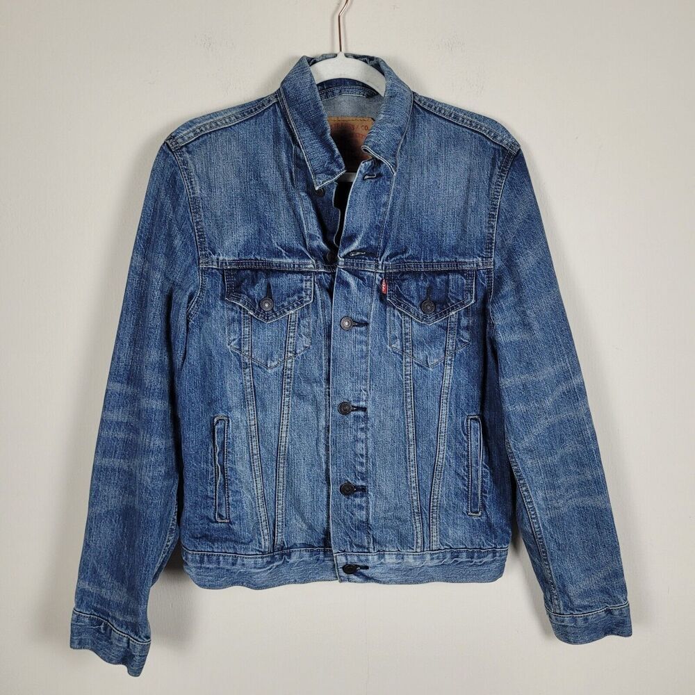 Levis Jacket Womens Small Blue Denim Trucker Red Tab Fading Whiskers VTG 70589